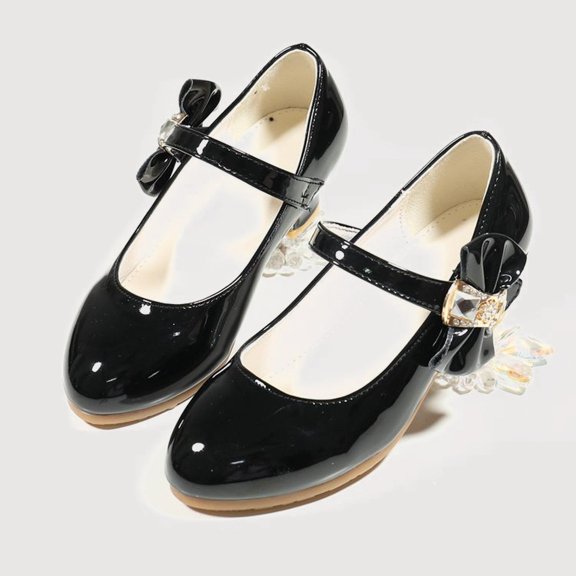Krdevn Mary Jane Heel Shoes Rhinestone Buckle Decorative Bow Round Toe Buckle Strap Dress Shoes (Little Girls, Big Girls),10.5-11 Years