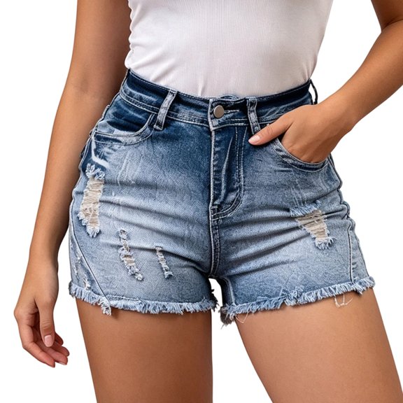 Lopecy-Sta Women's Distressed Jean Shorts Classic Vintage Washed High‑Waist Frayed Hem Ripped Denim Shorts Stretch Casual Short Bottoms with Pockets