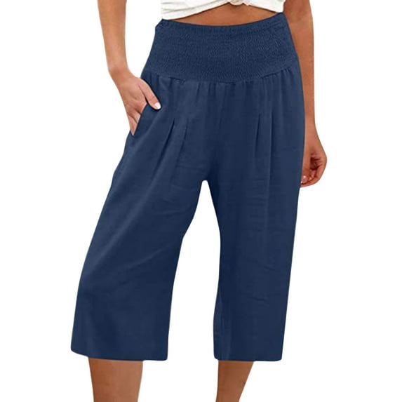 Capreze Capri Pants for Womens Loose Capris Palazzo Wide Leg Pant Summer Casual Solid Color Baggy Crop Trousers Navy Blue S
