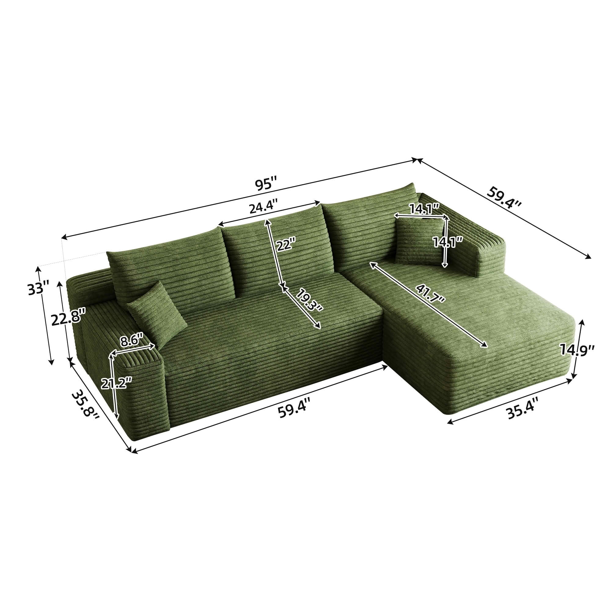 MAYEERTY 95 Inch L‑Shaped Cloud Sectional Sofa, Modern Minimalist Deep‑Seat Corner Couch, Plush Corduroy Upholstered Reversible Sofa, No‑Assembly Required for Living Room Bedroom Apartment