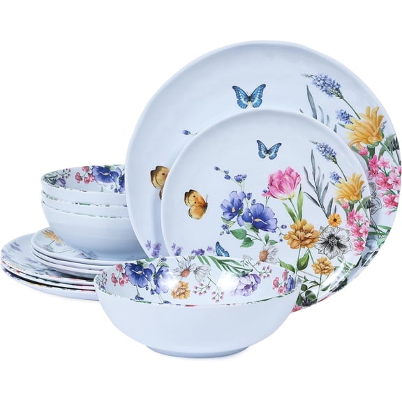 12 count Melamine Dinnerware Sets - Plates And Bowls Sets Floral Dinnerware Sets- Spring Camping Dishs Indoor Outdoor Use, And Butterflies