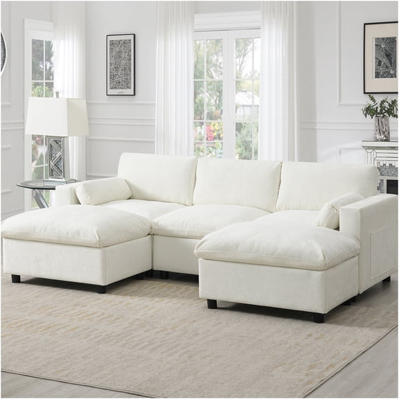 JERFIT White Chenille 5-Piece Modular Sectional Sofa with Storage Pockets, 2 Movable Ottomans and Pillows, U-Shaped Convertible Couch for Living Room, Apartment