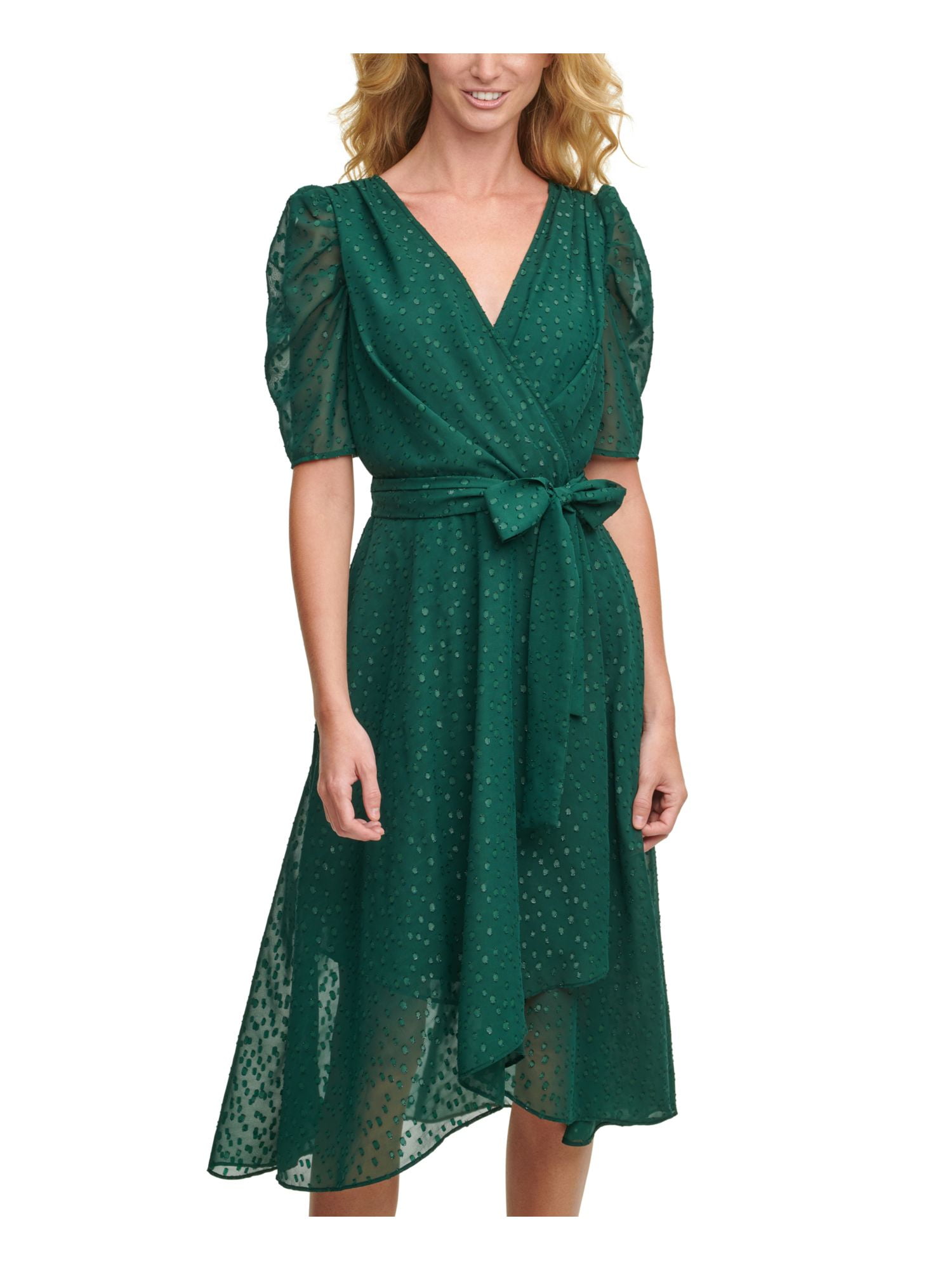 TOMMY HILFIGER Womens Green Sleeve Surplice Dress Faux Zippered Neckline Glitter-dot Evening Pouf 2 Sheer Midi Wrap