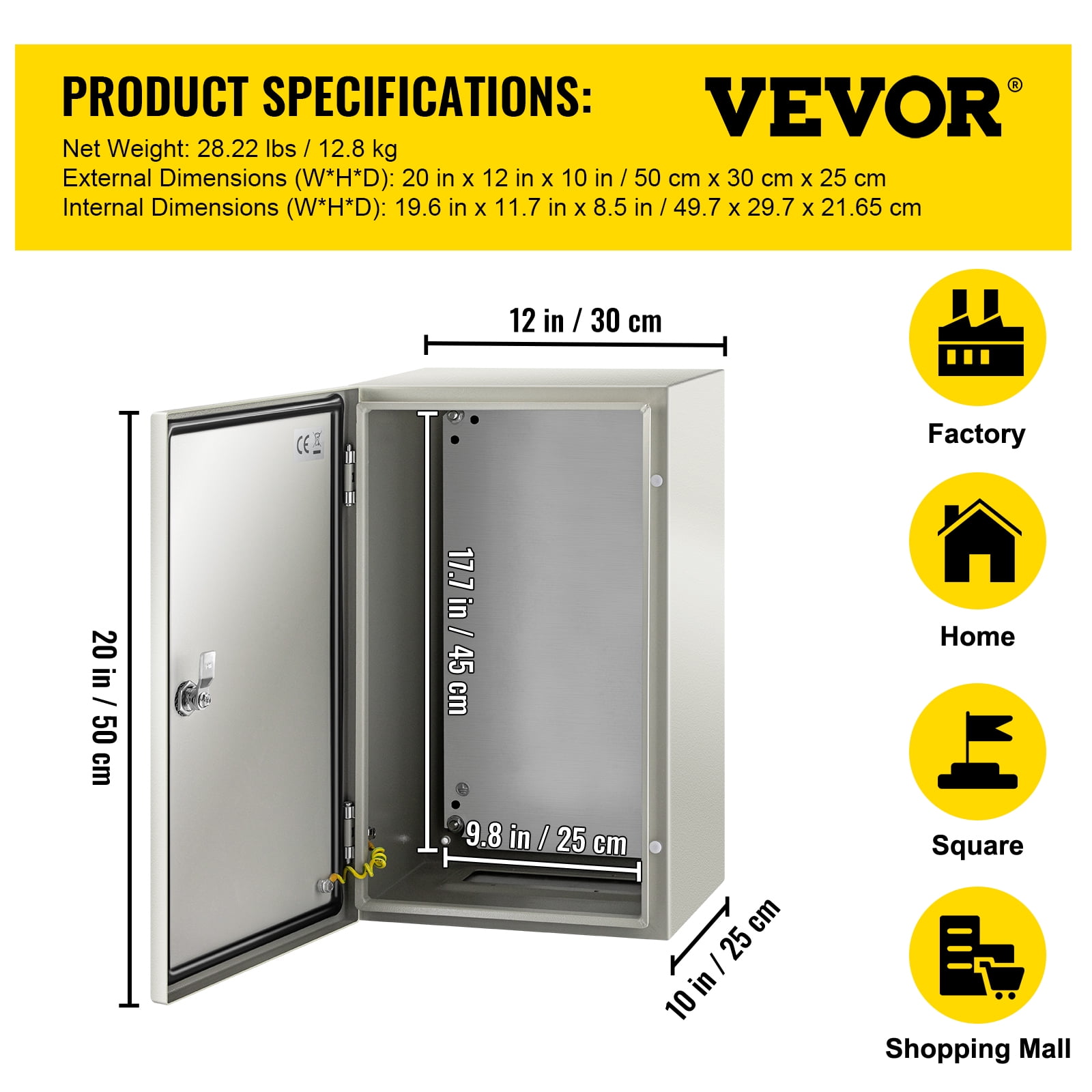 VEVOR NEMA Steel Enclosure, 20 x 12 x 10" NEMA 4X Steel Electrical Box, IP66 Waterproof & Dustproof, Outdoor/Indoor Electrical Junction Box, with Mounting Plate