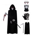 thumbnail image 1 of Ropa de Halloween niños y adultos capa la túnica de la muerte con gafas de ojos rojos brillantes, hoz, máscara, guantes, 1 of 4
