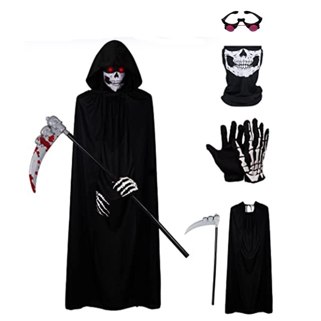 Ropa de Halloween niños y adultos capa la túnica de la muerte con gafas de ojos rojos brillantes, hoz, máscara, guantes