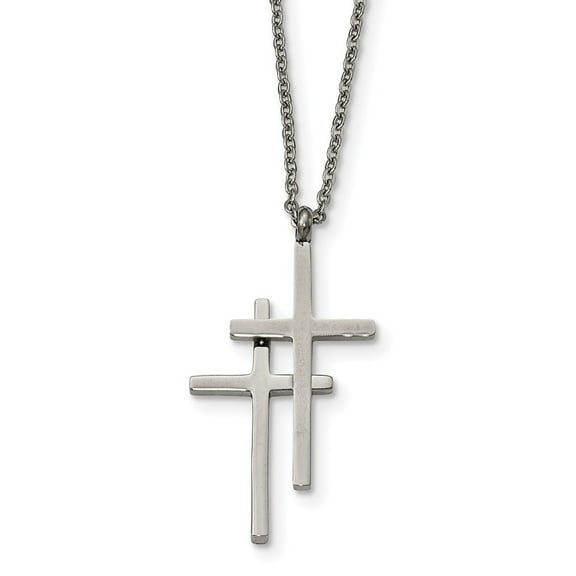 Stainless Steel Polished Double Cross Necklace - 18 Inch