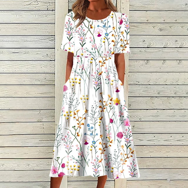 WILLBEST Maxi Vestidos de Mujer Vestido Bohemio de Manga Corta con Cuello Redondo y Bolsillos Vestido Informal Estampado Corto de Cuello Redondo Vestidos de Primavera Grande