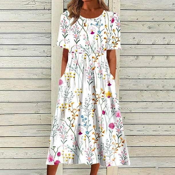 WILLBEST Maxi Vestidos de Mujer Vestido Bohemio de Manga Corta con Cuello Redondo y Bolsillos Vestido Informal Estampado Corto de Cuello Redondo Vestidos de Primavera Grande