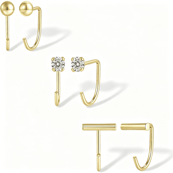 DESIGNICE 3 Pairs Backless Half Hoop Earrings Set, Dainty 14K Gold Plated Huggie Open Hoops, Lightweight Sleep Earrings for Women, No Back Comfort Fit