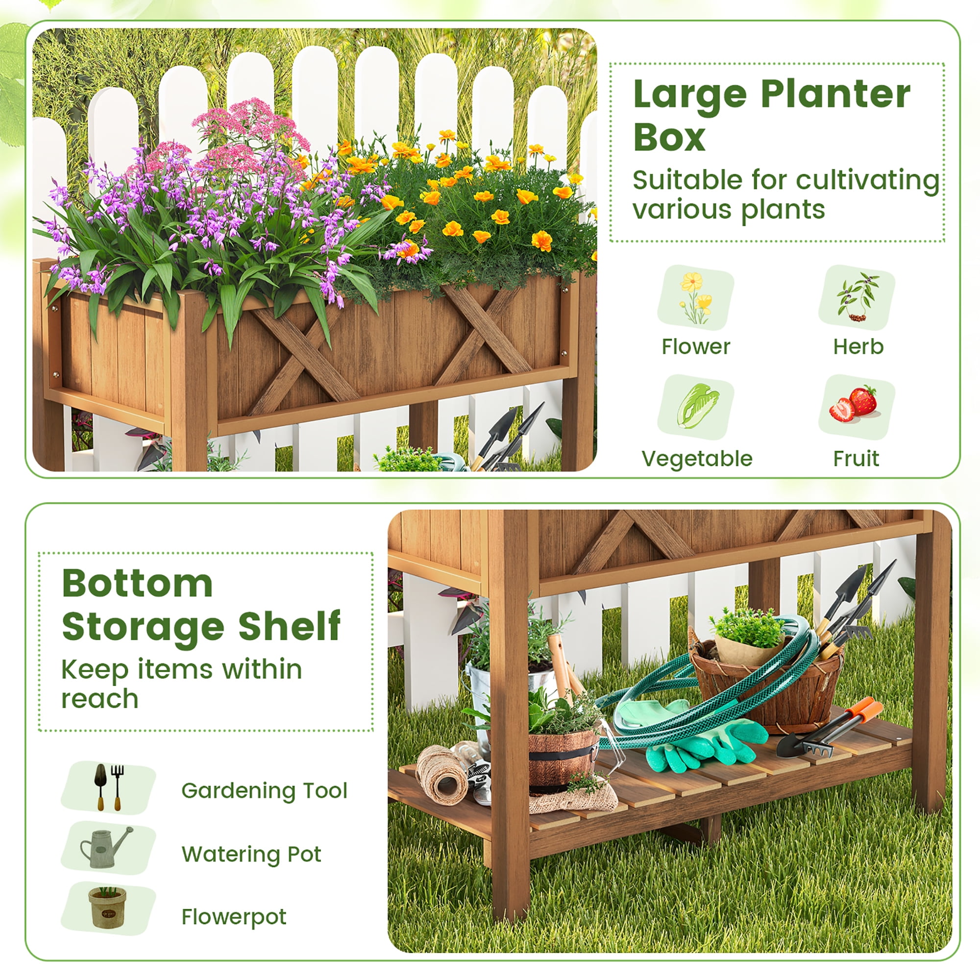 Gymax HIPS Raised Garden Bed Poly Wood Elevated Planter Box w/ Legs & Storage Shelf Coffee
