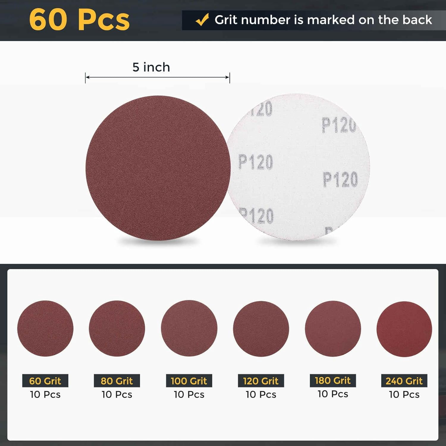 FRKSMD-60 Pcs 5 Inch Sanding Disc 60/80/100/120/180/240 Grit Hook and Loop Sandpaper Random Orbital Sander Pads for Woodworking Automotive Metal Polishing