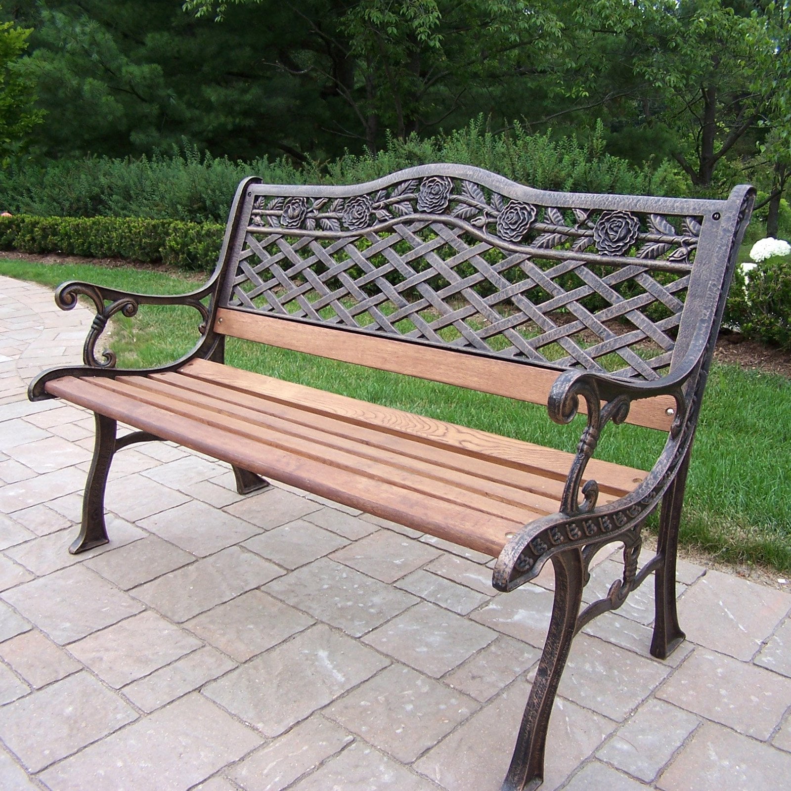 Oakland Living Tea Rose Cast Iron And Wood Bench In Antique Bronze Oakland Living Tea Rose Cast Iron And Wood Bench In Antique Bronze Finish