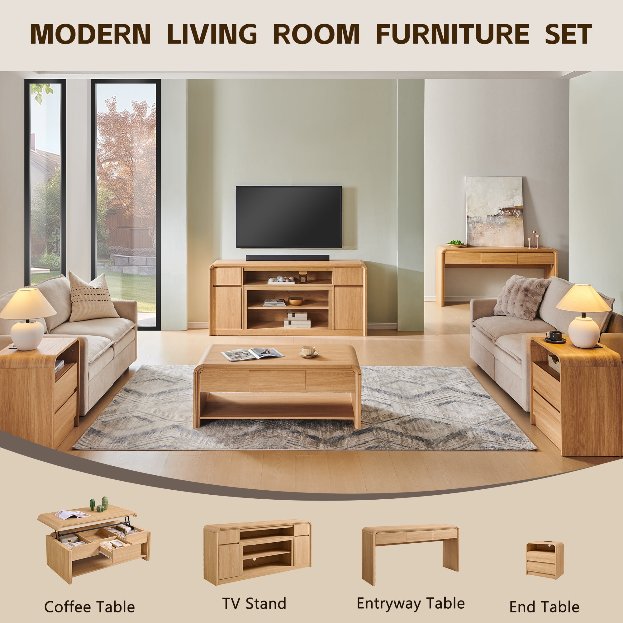 70" Modern TV Stand for TVs Up to 80 inch, 32" Tall Entertainment Center, Wood Media Console & Adjustable Shelves for Living Room, Curved Profile Design