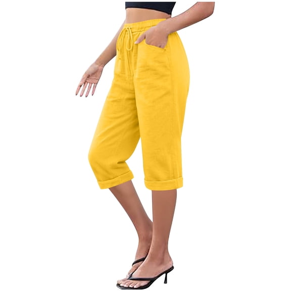 Wlynlyn Capri Pants for Women Casual Wide Leg Capris Solid Color Flowy Waisted Drawstring Summer Linen Pants with Pockets