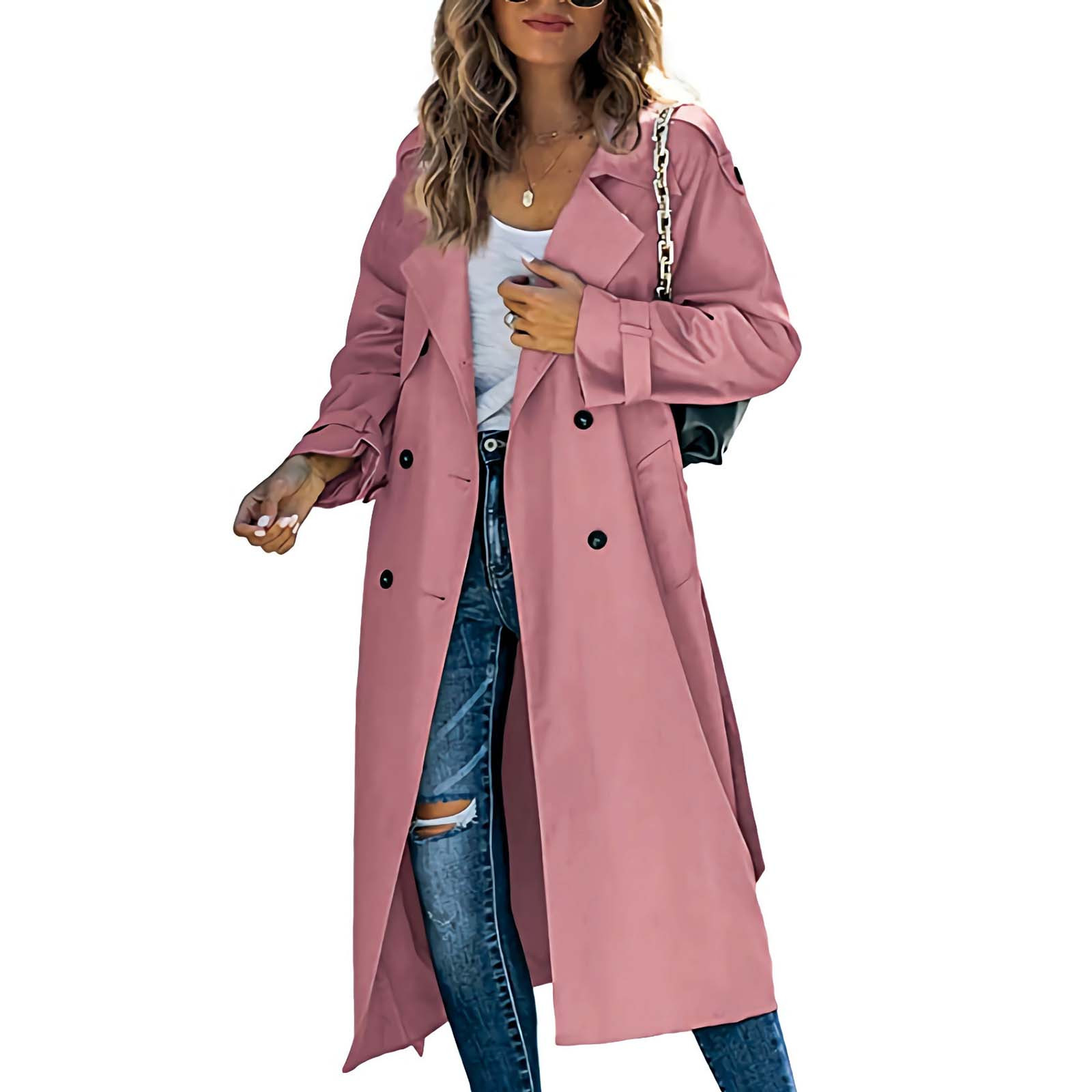 YFPWM Women Classic Double Breasted Coats Slim Long Jacket Winter Long Trench Coat Long Sleeve Double Breasted Coat Trench Coat Long Sleeve Coat Jacket Pink XL - image 2 of 7