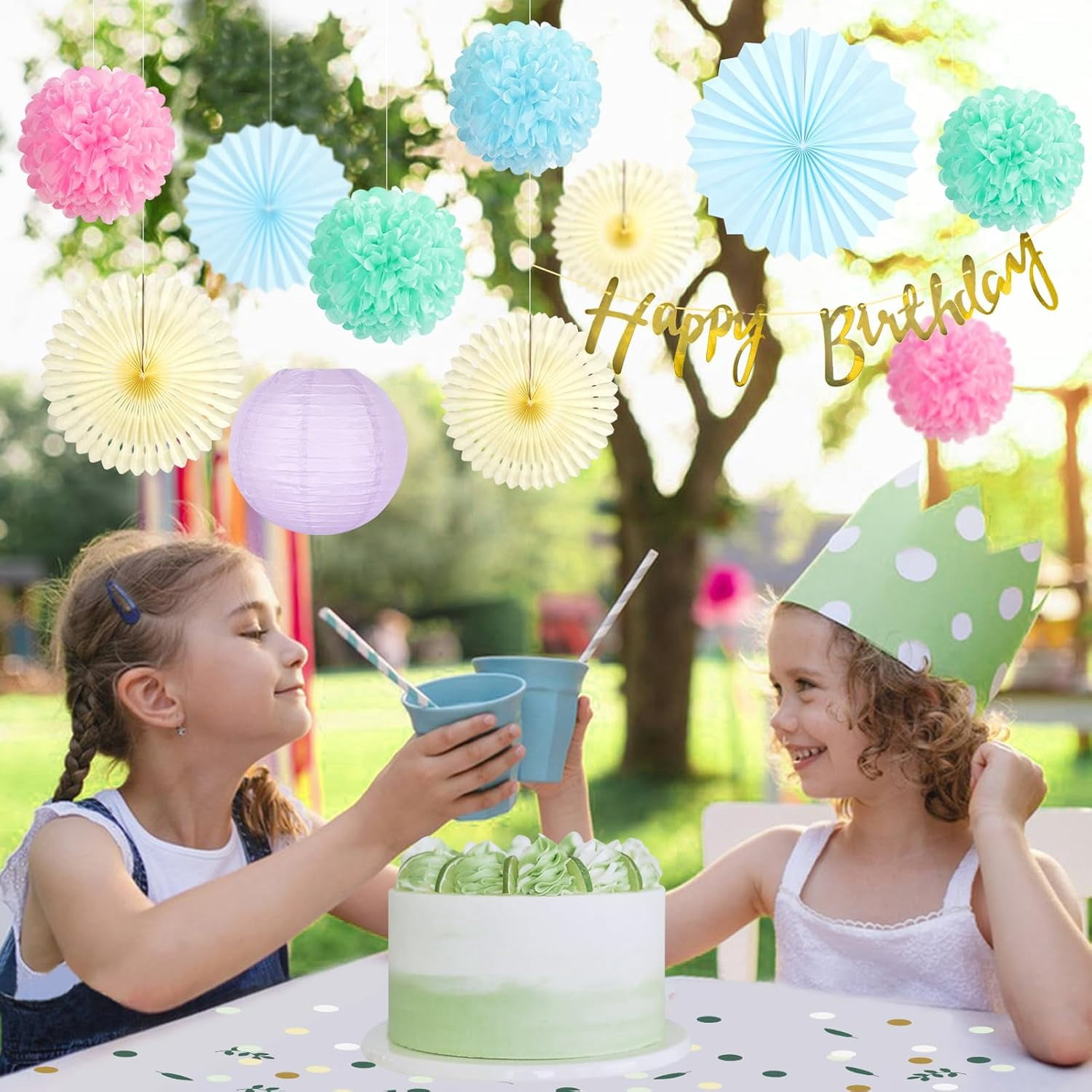 Pastel Birthday Party Decorations for Girls Women with Happy Birthday Banner Pastel Paper Fans Tissue Pom Poms Lantern Decorations Birthday Decorations Kit
