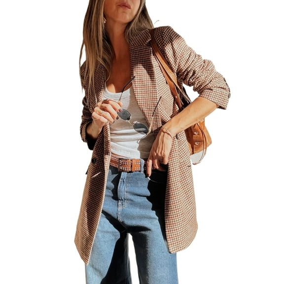Elegant Brown Houndstooth Lapel Collar Blazer for Women - [ZhiHiMeRi] | L