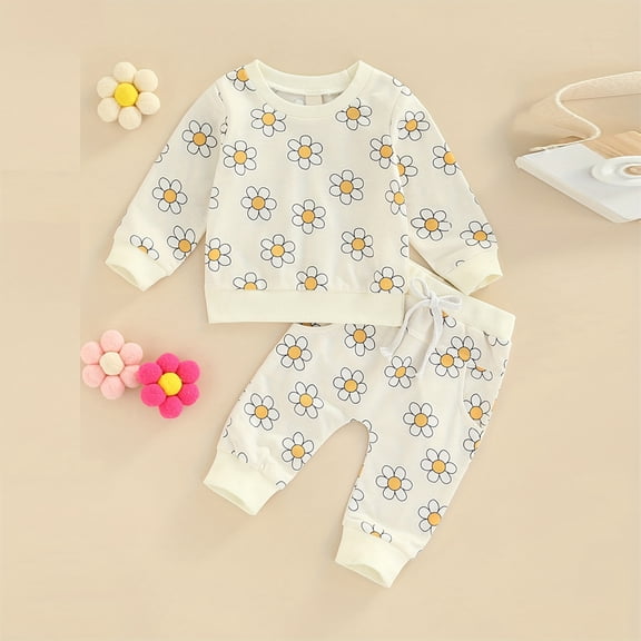 Zehjuhan Toddler Baby Girl Long Sleeve Floral Print Pullover Sweatshirt Top and Pants Fall Winter Outfit Set Apricot,3-6M