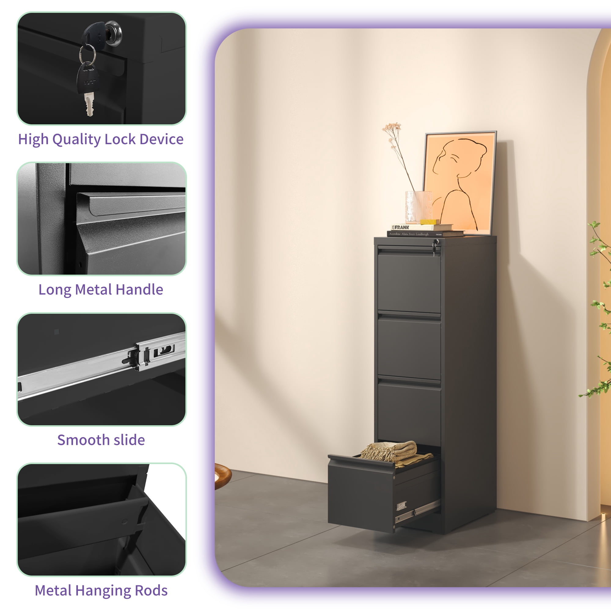 4 Drawer Metal Vertical File Cabinet with Lock Office Home Steel Vertical File Cabinet for A4 Legal/Letter Size
