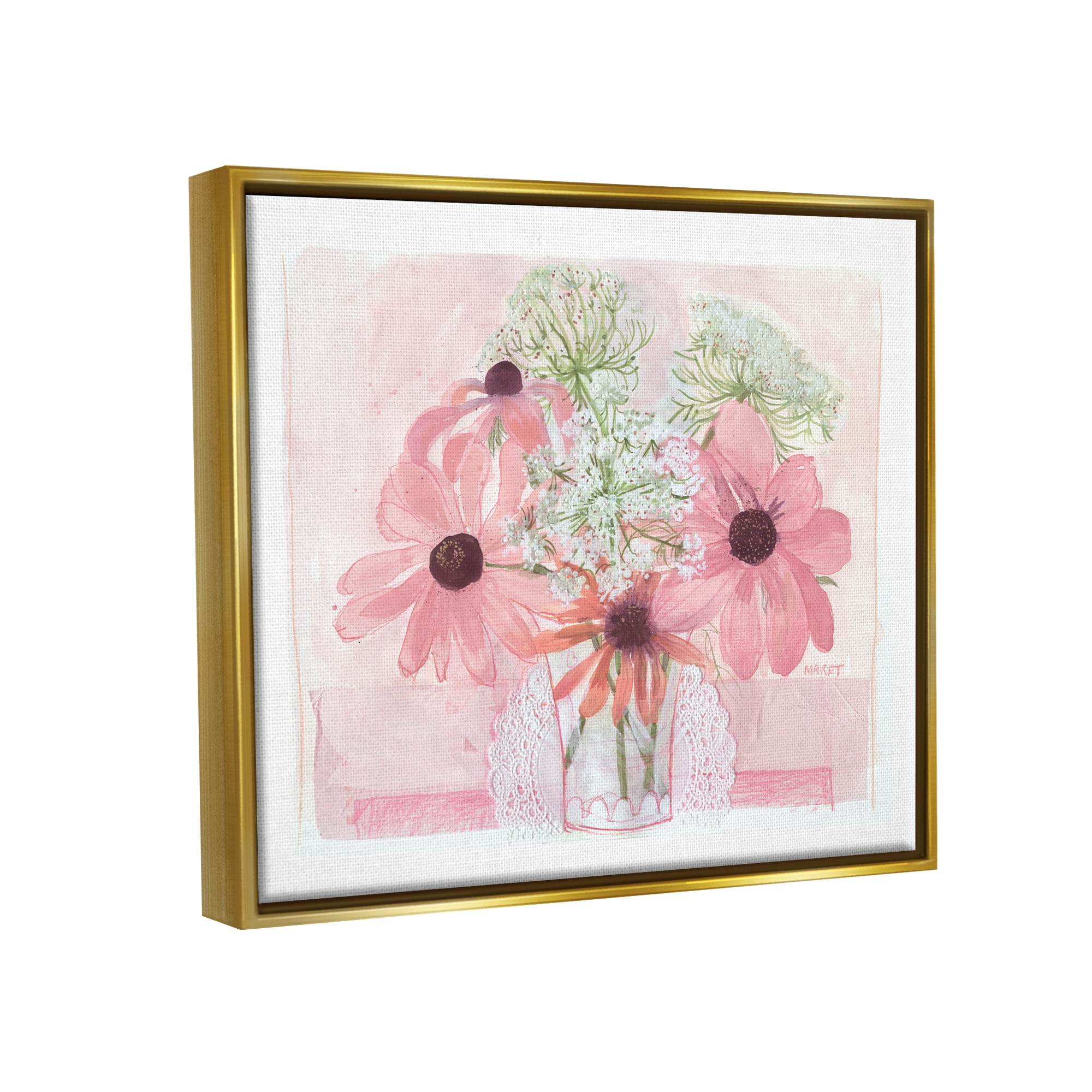 Stupell Industries Delicate Pink Flower Blossoms Bouquet Doily Vase Graphic Art Metallic Gold Floating Framed Canvas Print Wall Art, Design by unknown