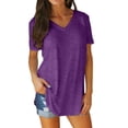 thumbnail image 2 of Garbnen Short Sleeve Shirts for Women Curved Hem Women's V Neck T Shirt Hide Belly Spring Trendy Going Out Tops for Women Purple XXL, 2 of 7