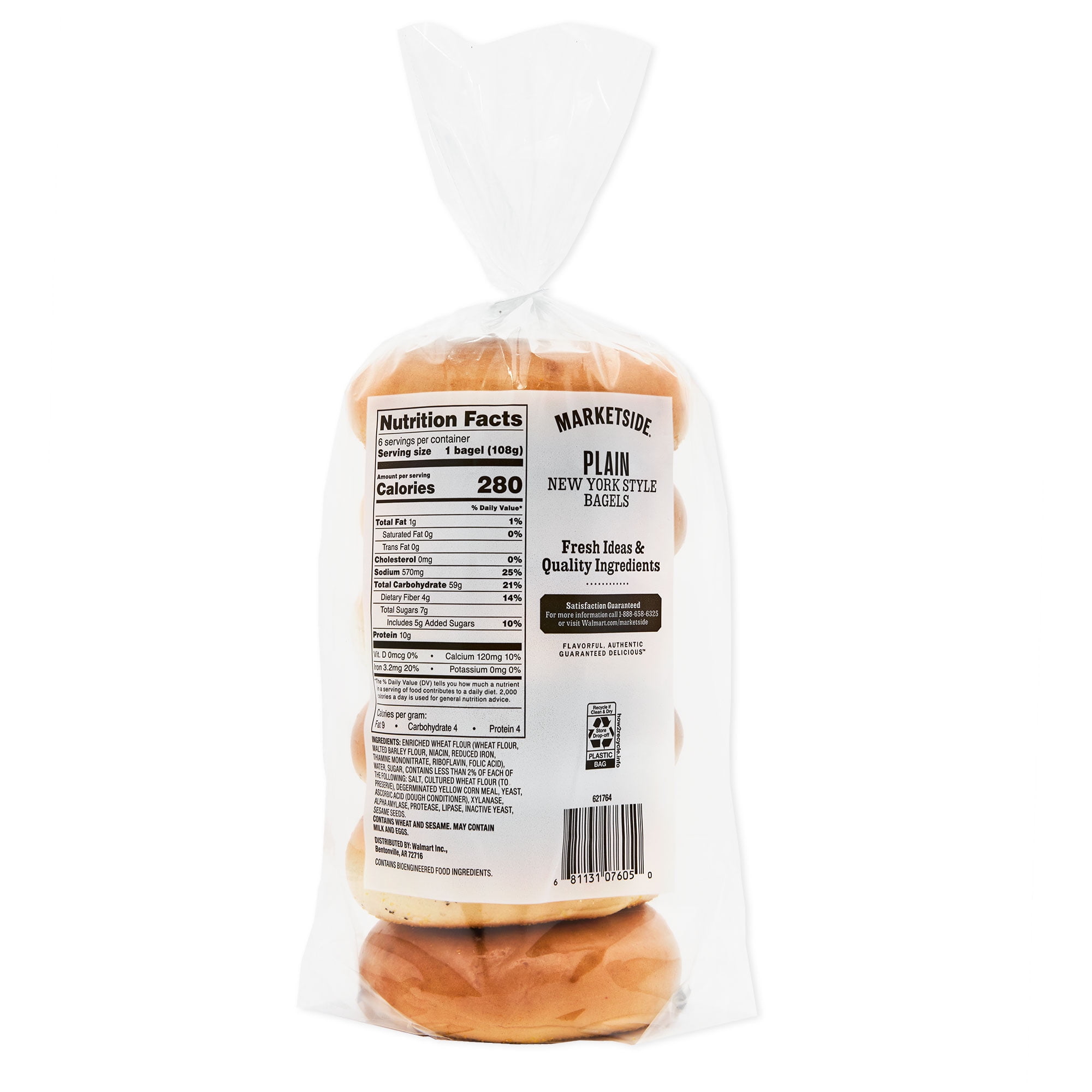 Marketside Fresh Soft Plain Bagels, Wheat and Barley Flour, Shelf-Stable, 22.8 oz, 6 Count