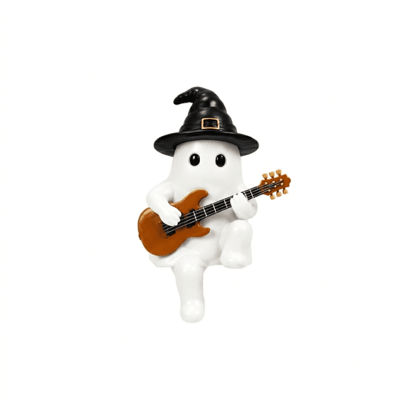 Halloween Ghost Decor, Colorful Spooky Figurine with Witch Hat Guitar for Home Shelf Display, Engaging Halloween Decoration for Parties and Daily Desk Decor, 1 Piece Resin Statue