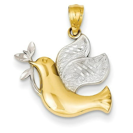 14k Yellow Gold w/Rhodium Polished Dove w/Olive Branch Pendant