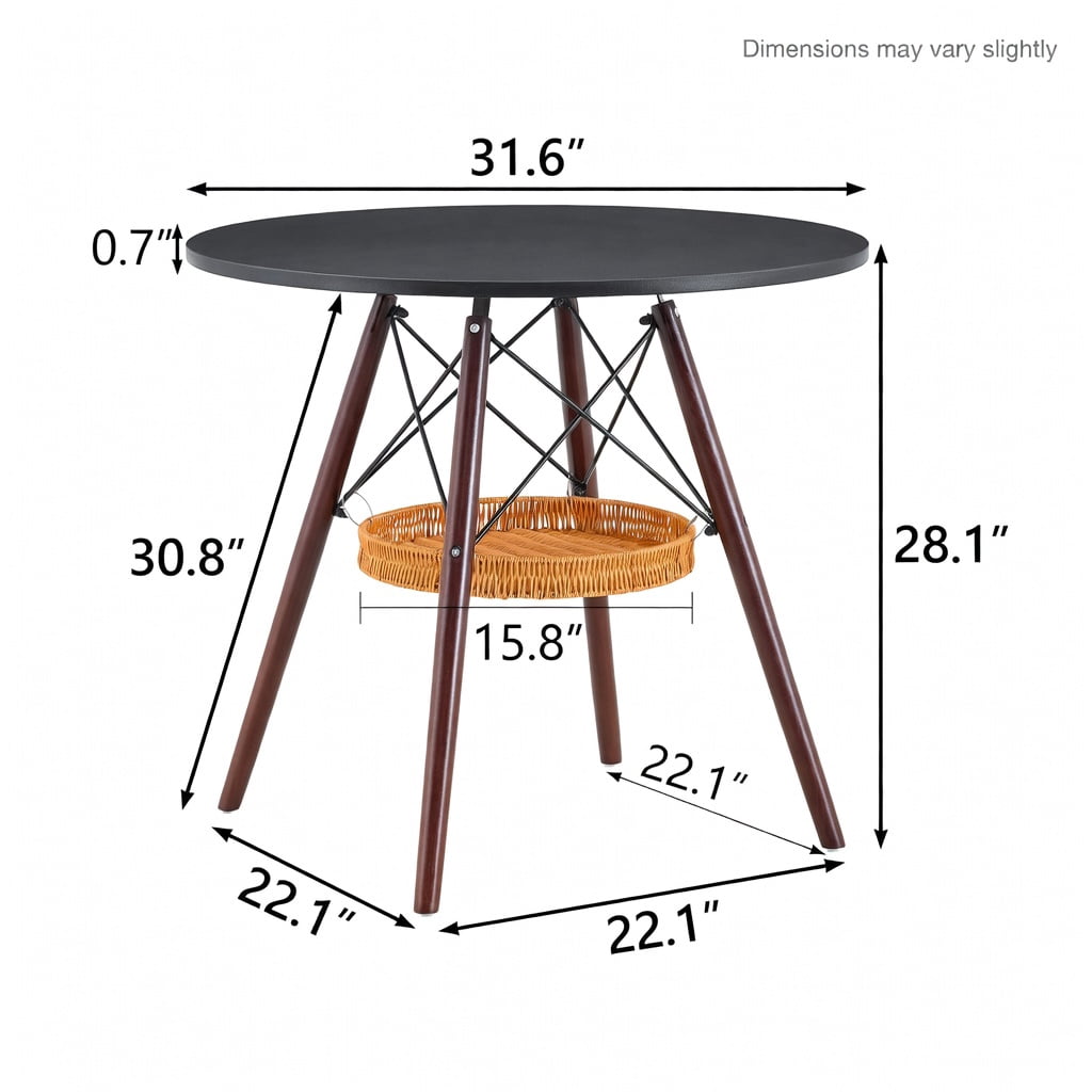 Hommoo 31.5-inch Round Dining Table with Walnut Solid Wood Legs, MDF Vacuum-Formed Top & Hanging Woven Storage Basket, Modern Scandinavian Coffee Table for Small Spaces, Black