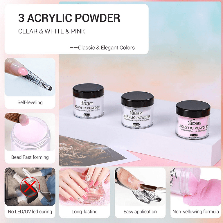ACRYLIC POWDER SET Nail Extension Manicure KIT Carving Monomer Brush White  Pink