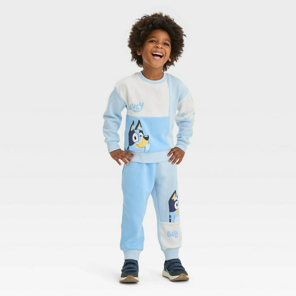 Bluey Toddler Boys' Holiday Snowflakes Colorblock Top and Bottom Set - Light Blue/Cream - (2T)