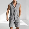 thumbnail image 2 of RYDCOT Mens Linen Sets 2 Piece Outfits Sleeveless Hooded Button Down Shirt and Shorts Set Vacation Outfit for Men Summer Beach Suits Gray, 2 of 8