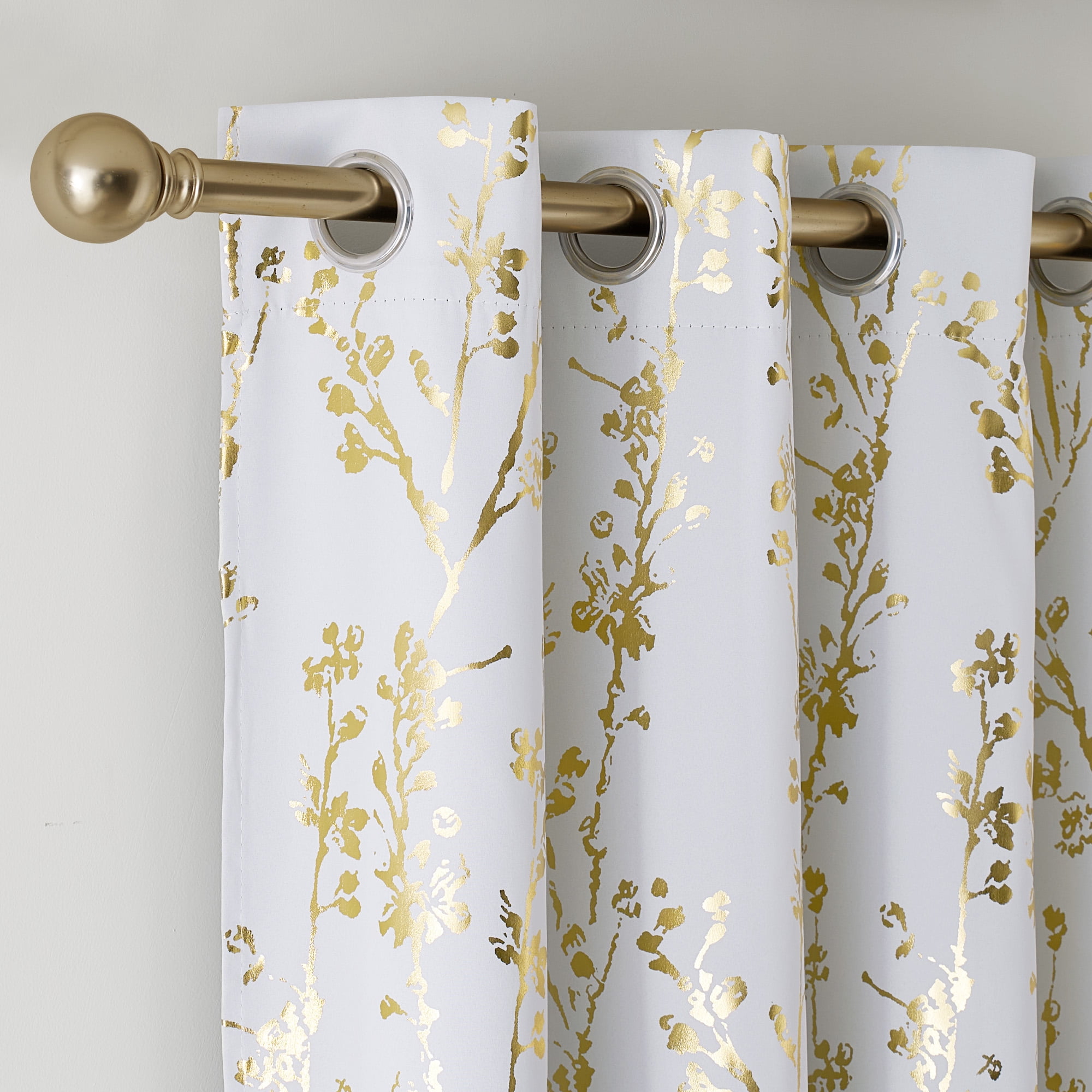 NICETOWN 100% Blackout Curtains 84 Inch Length Gold White Foil Branch Grommet Full Room Darkening Curtains, Thermal Panels Curtains for Bedroom & Living Room, 2 Panels
