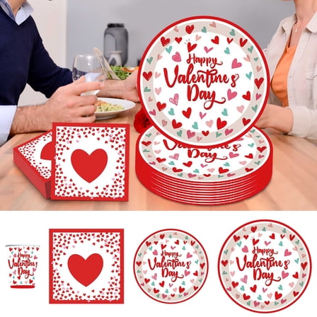 kkbbma under $5 Disposable Party Tableware, Valentines Day Disposable Tableware Set,80 Piece Party Paper Plates Cups Napkins,Heart Pattern Holiday Dinnerware Set,Red Pink Themed Party Supplies