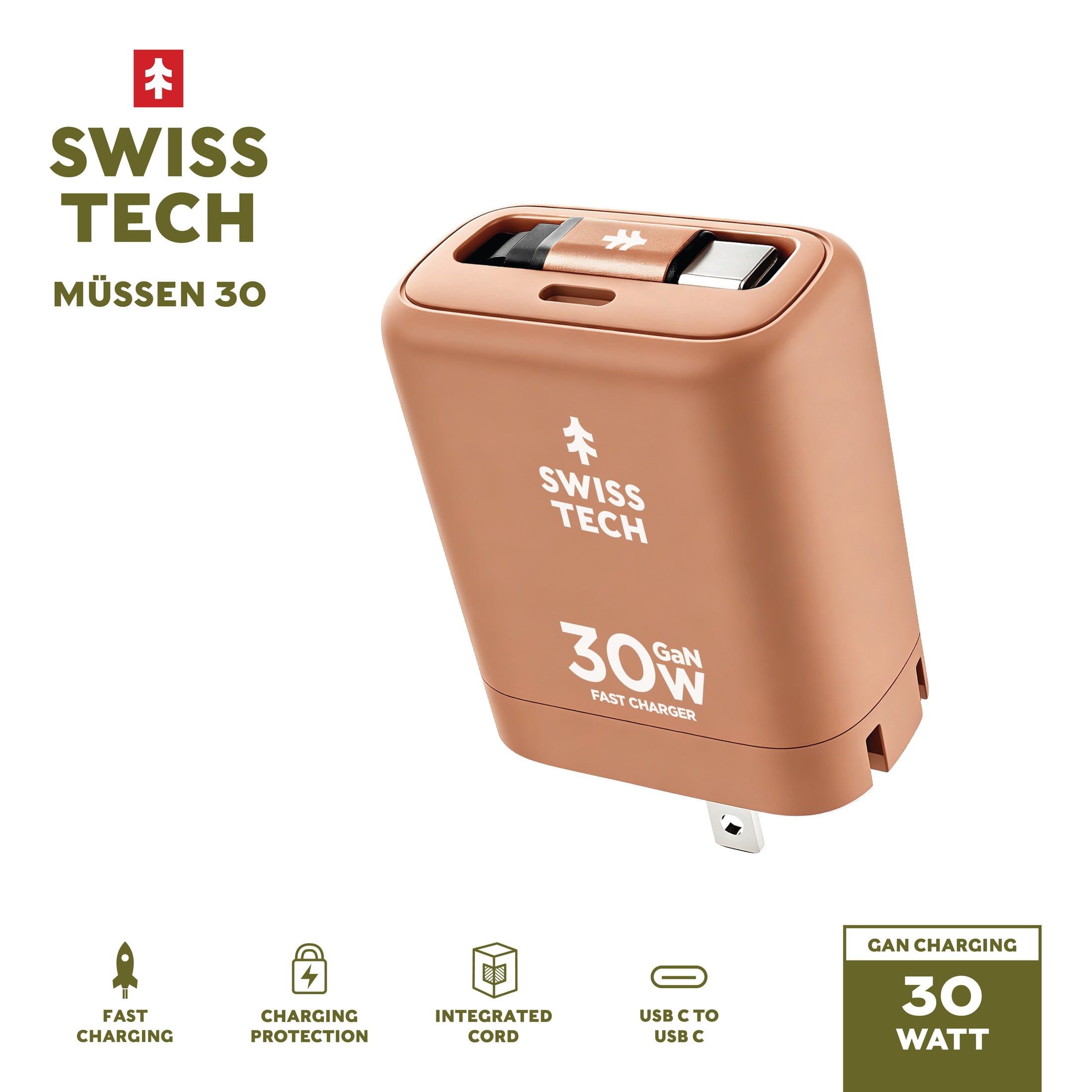 Swiss Tech Mussen 30W USB-C Wall Charger with Retractable Cable, Fast PD Charging, Terra Orange
