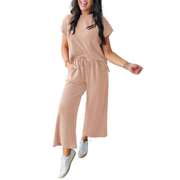 Women's Smoke Gray Solid Corded Knit Short Sleeve T-Shirt and Wide Leg Pants Set | [ZhiHiMeRi] | (US 12-14)L