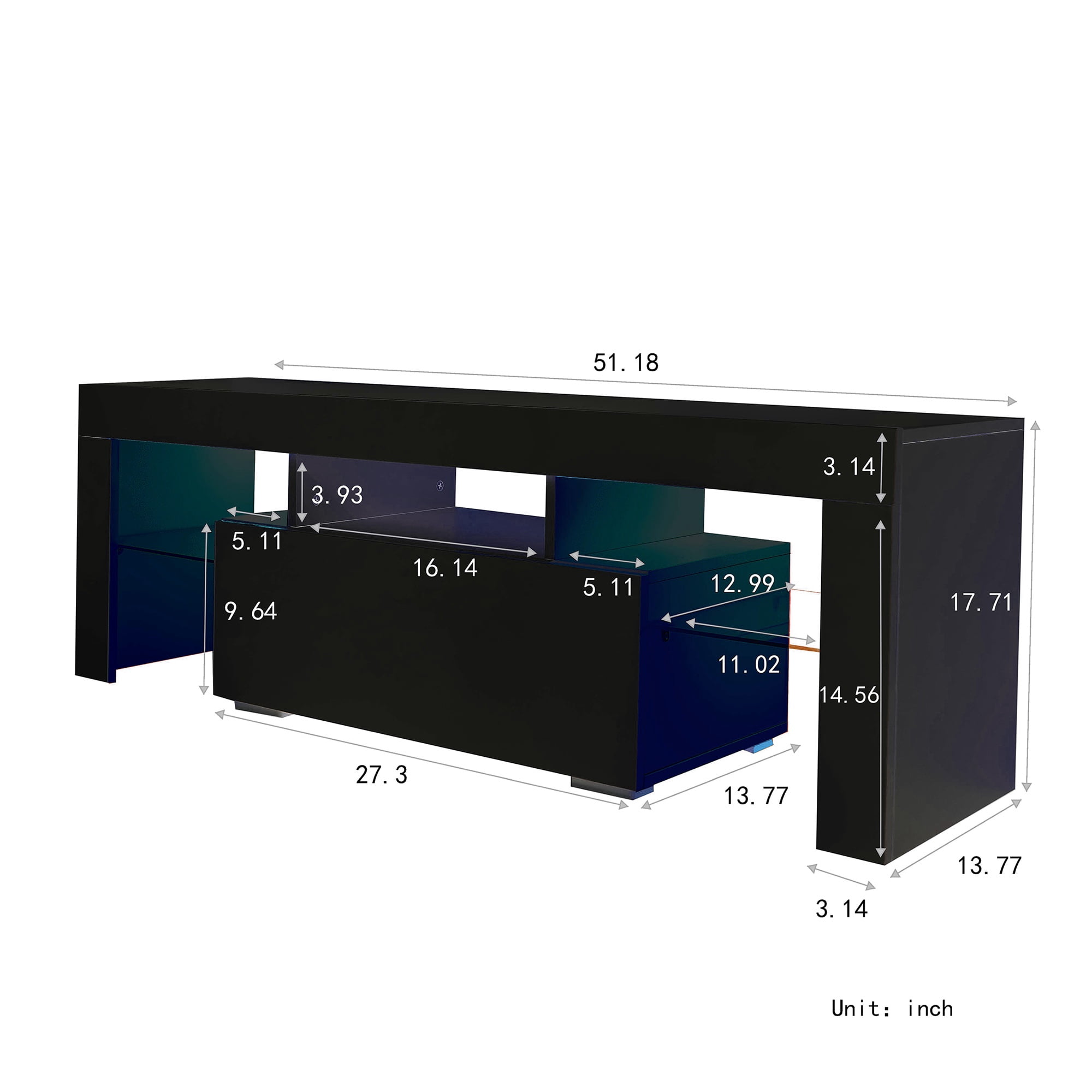SYNGAR TV Stands for Living Room with LED Light up to 55" TV, Modern Entertainment Center with Storage Drawers and Glass Storage Shelves, Media Console, TV Stand Cabinet, Black