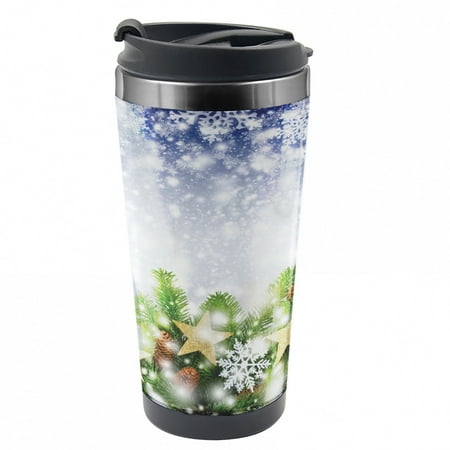

Christmas Travel Mug Bokeh Snowflakes Steel Thermal Cup 16 oz by Ambesonne