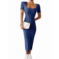 thumbnail image 2 of Women Square Neck Casual Dresses Summer Ribbed Short Sleeve Bodycon Maxi Dress Side Slit Knit Long Sundress Blue M, 2 of 5
