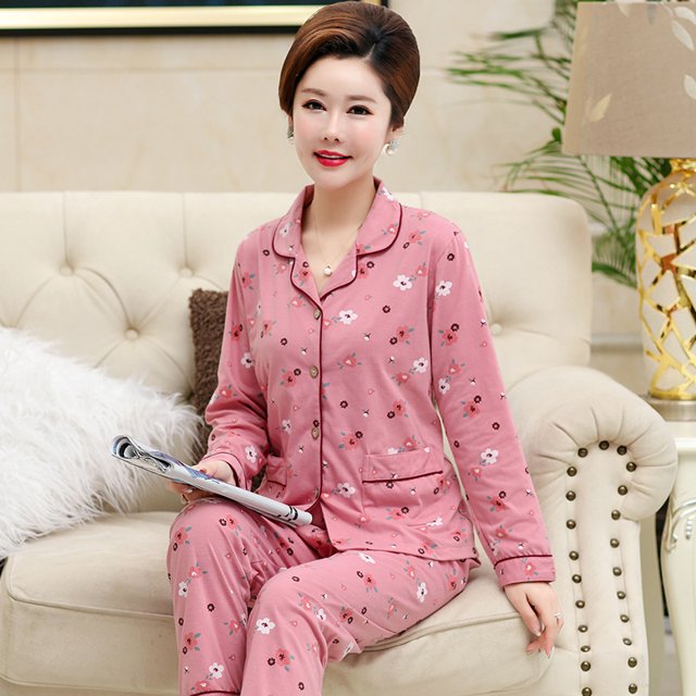 REDHOTYPE Pyjama de Mère Femmes Printemps et Automne Manches Longues Grande Taille Nouvelle Mode Floral Coton Homewear Set