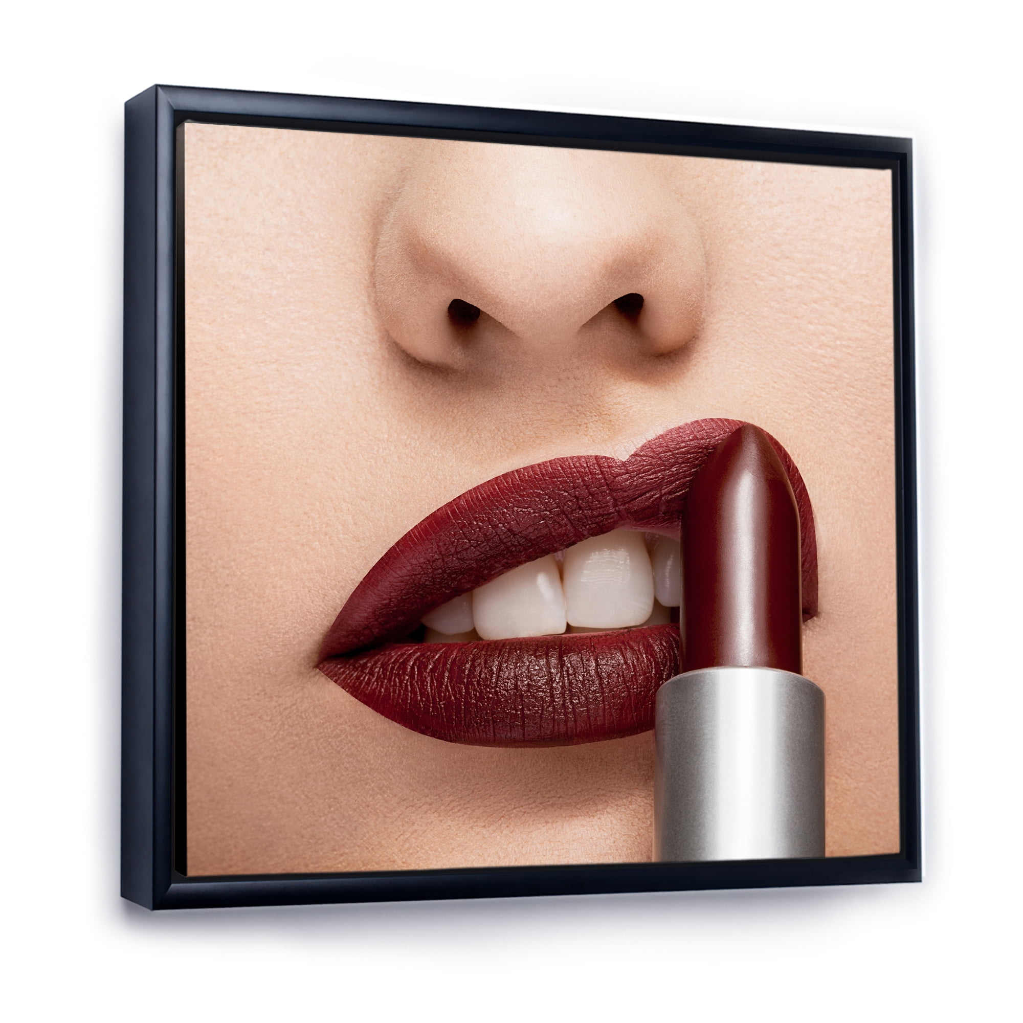 Designart 'Red Lipstick Getting Applyed On Woman Lips' Modern Framed Canvas Wall Art Print