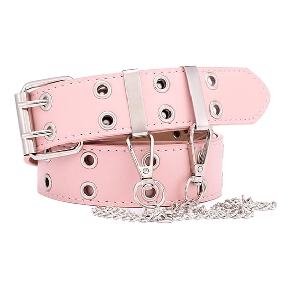 Yinanstore Double Grommet Belt for Women Men Leather Punk Rock Adjustable Belts Double Prong Buckle Eyelet Hollow Waist Belt , Pink with Chain