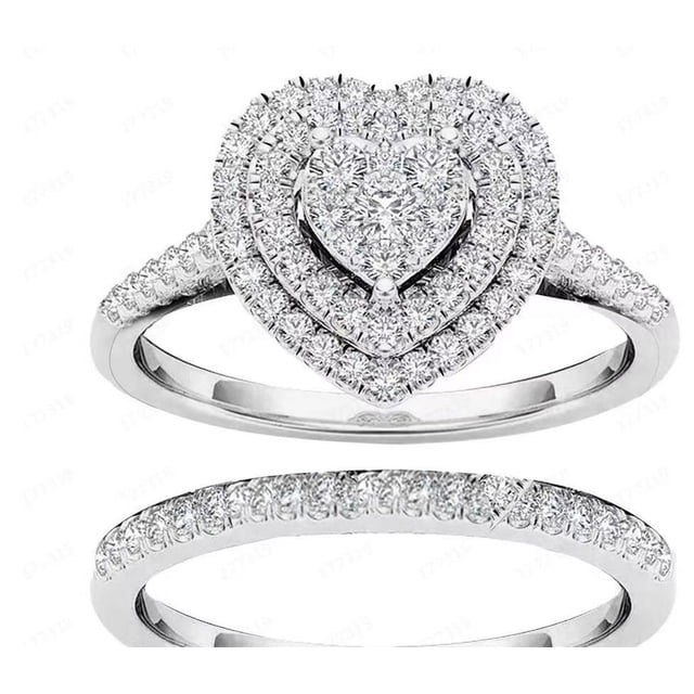 Anillo de compromiso de dos piezas con forma de corazón de melocotón y diamantes de moda europea y americana para mujer