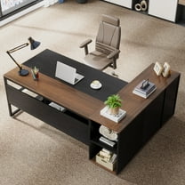 71-Inch L-Shaped Executive Desk, Large Office Desk with Shelves and Cabinet, Brown and Black