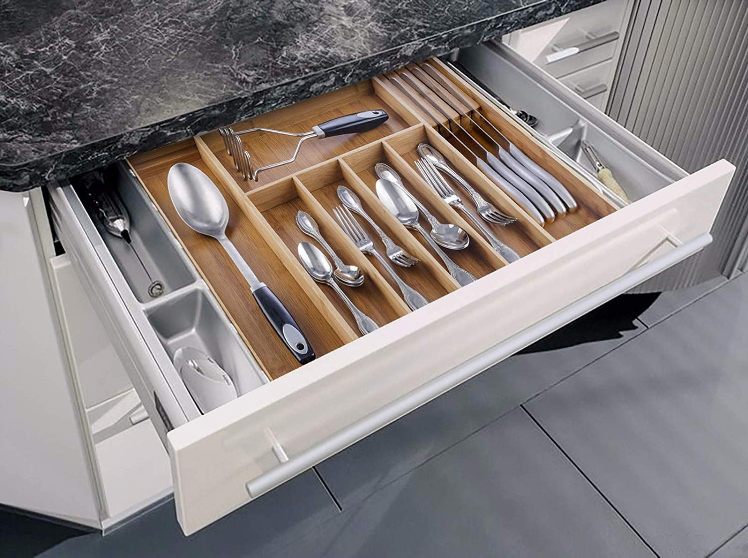 Bambusi 100 Natural Bamboo Drawer Organizer Kitchen utensil divider