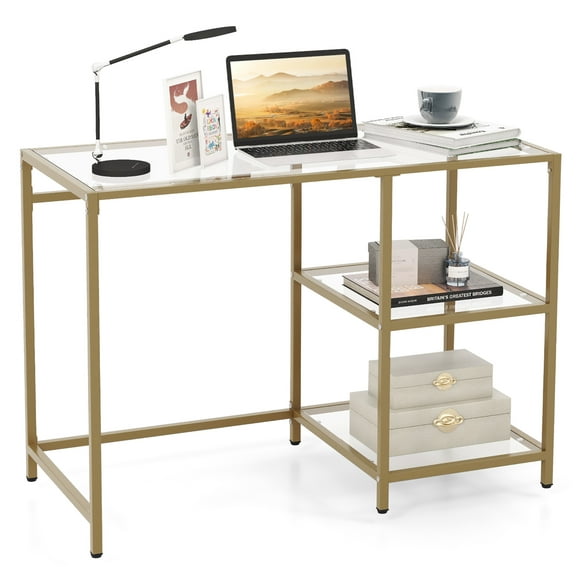 Gymax Computer Desk Tempered Glass Workstation Vanity Table w/ 2-Tier Storage Shelves