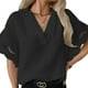 thumbnail image 1 of Camisa casual para mujer, cuello en V, color sólido, manga corta, costura de encaje, elegante top de verano para uso diario, 1 of 5