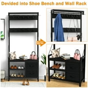 GIKPAL 5 in-1 Hall Tree, Entryway Bench with Coat Hooks Industrial Entryway Bench with 17 Hooks 2 Drawers and Top Shelf, for Hallway or Living Room, Black