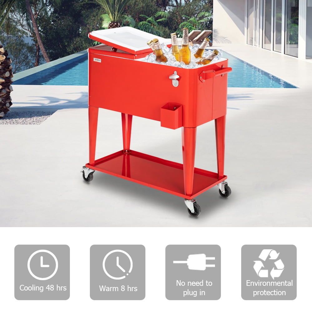 VINGLI 80 Qt Rolling Ice Chest, Patio Cooler with Wheels and Shelf(Red)